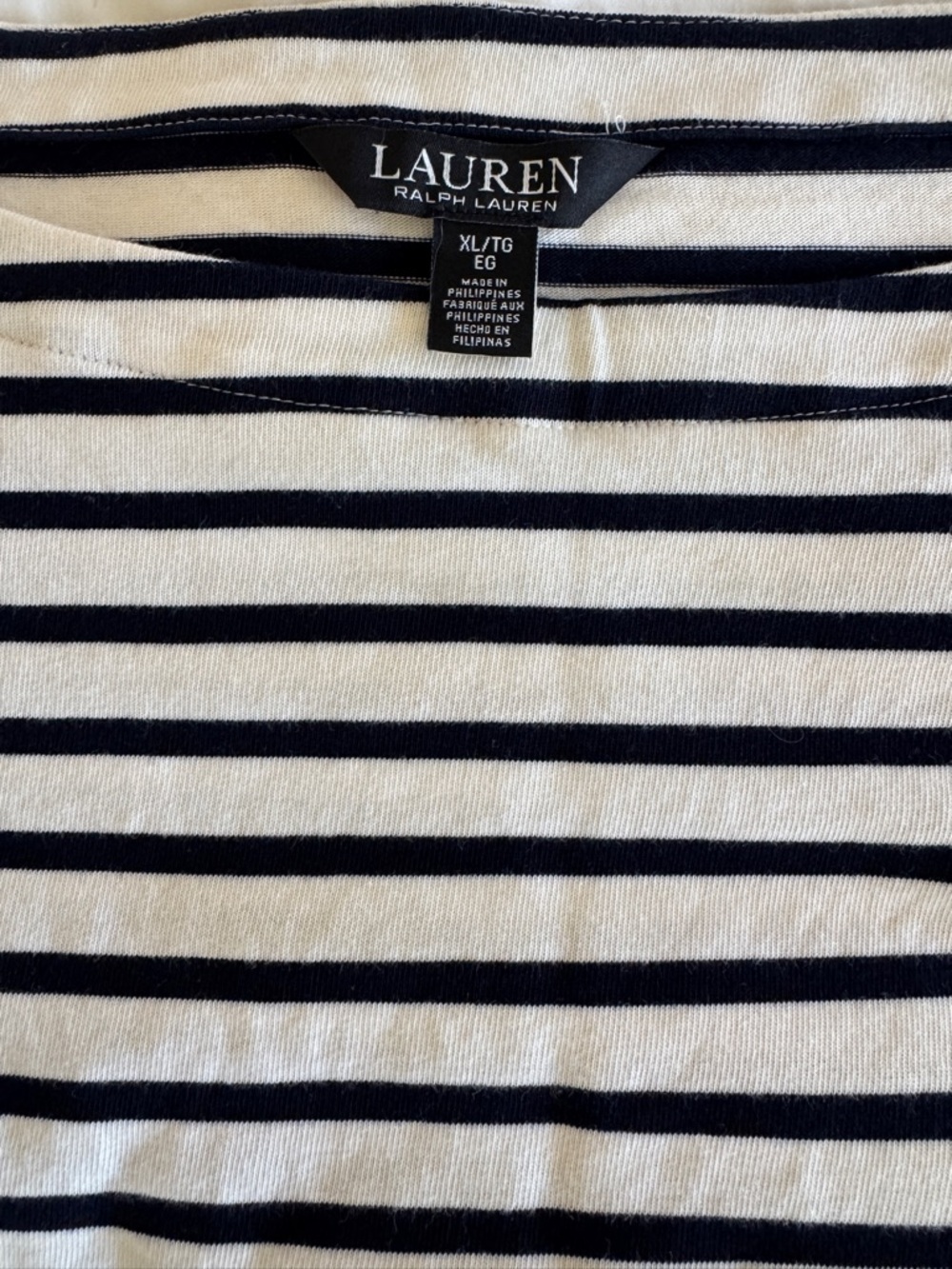 Lauren Ralph Lauren Black and Ivory Striped Long-Sleeve Cropped Boatneck Tee XL - Picture 2 of 5